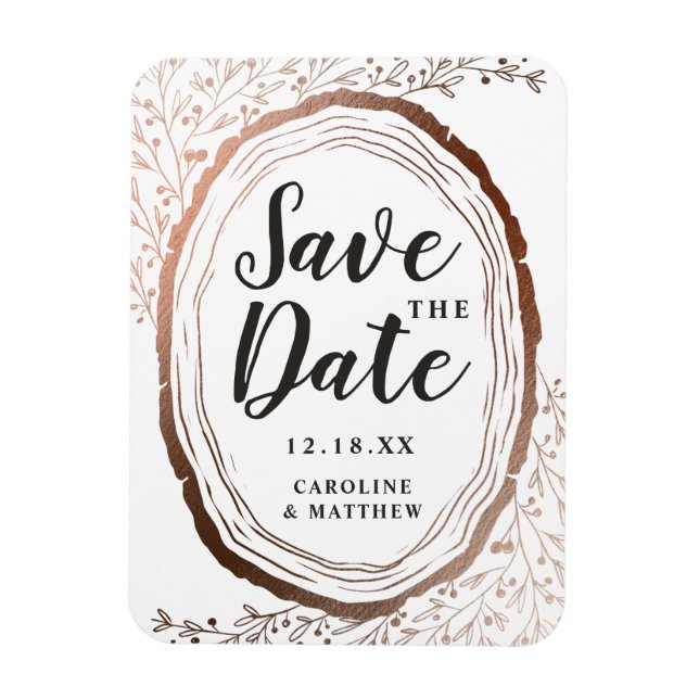 Rustic Wood Slice Copper Foil Autumn Save the Date Magnet (Vertical)