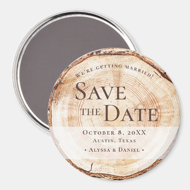 Rustic Wood Slice Custom Save the Date Wedding Magnet (Front/Back)