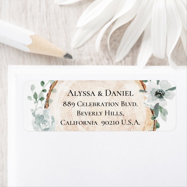 Rustic Wood Slice Eucalyptus Custom Wedding  Return Address Label (Insitu)