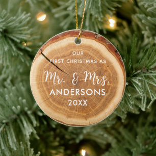 Rustic Wood Slice First Christmas First Married Ceramic Ornament