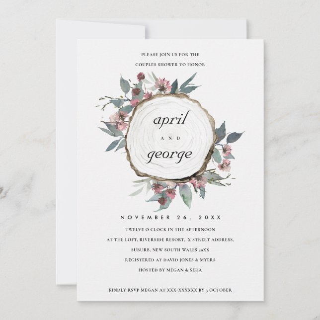 RUSTIC WOOD SLICE FLORAL COUPLES SHOWER INVITE (Front)