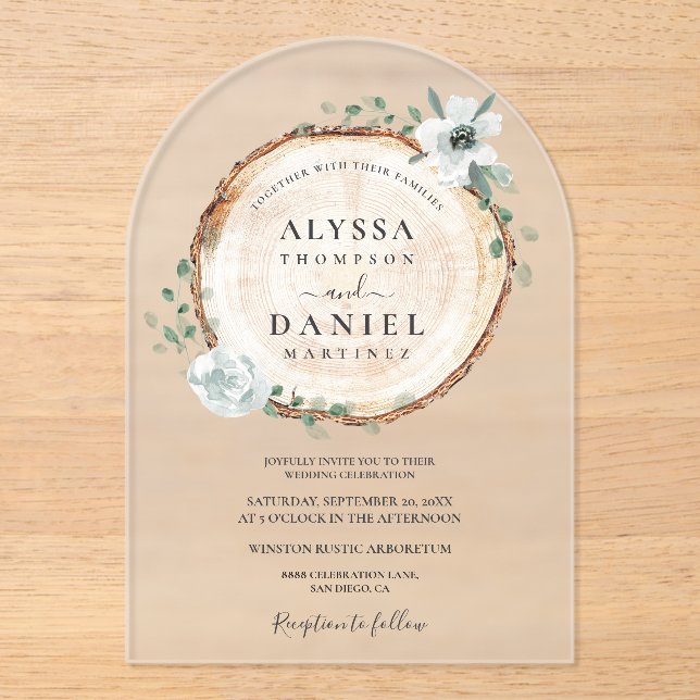 Rustic Wood Slice Floral Wedding Arch Acrylic Invitations (Front)