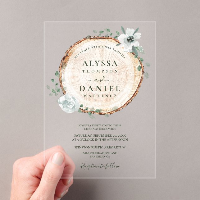 Rustic Wood Slice Greenery Wedding Acrylic Invitations (Insitu (Handheld))