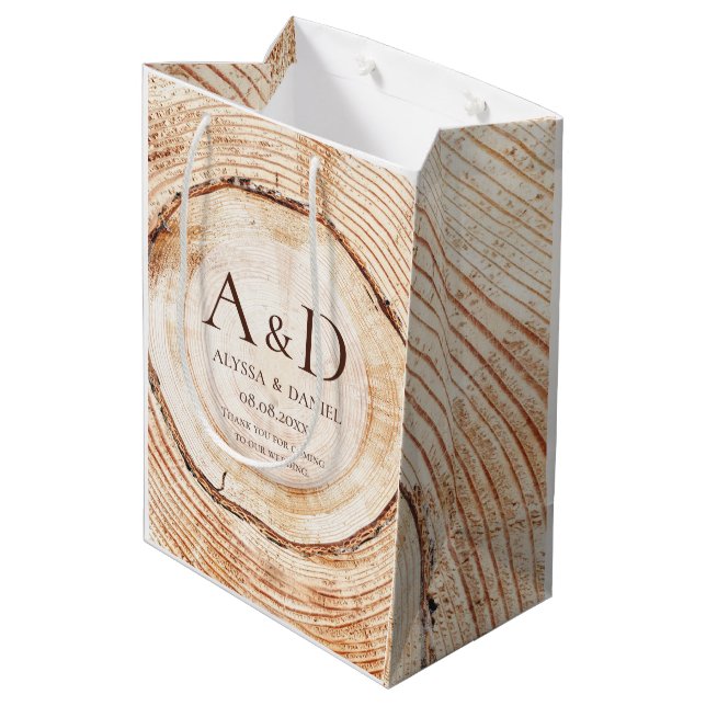 Rustic Wood Slice Monogram Wedding Favour Gift Bag (Back Angled)