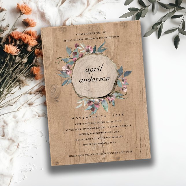 RUSTIC WOOD SLICE PINK FLORAL BRIDAL SHOWER INVITE (Creator Uploaded)