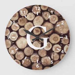 Rustic Wood Slice Stumps White Numbers   Monogram Large Clock