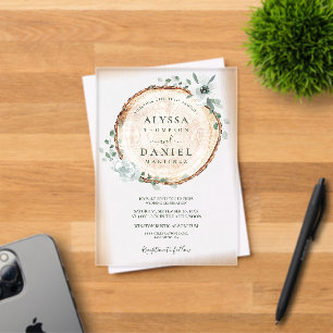 Rustic Wood Slice Watercolor Botanical wedding Acrylic Invitations