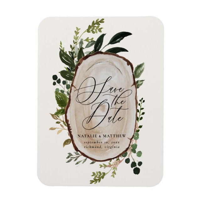 Rustic wood slice wedding save the date invite magnet (Vertical)