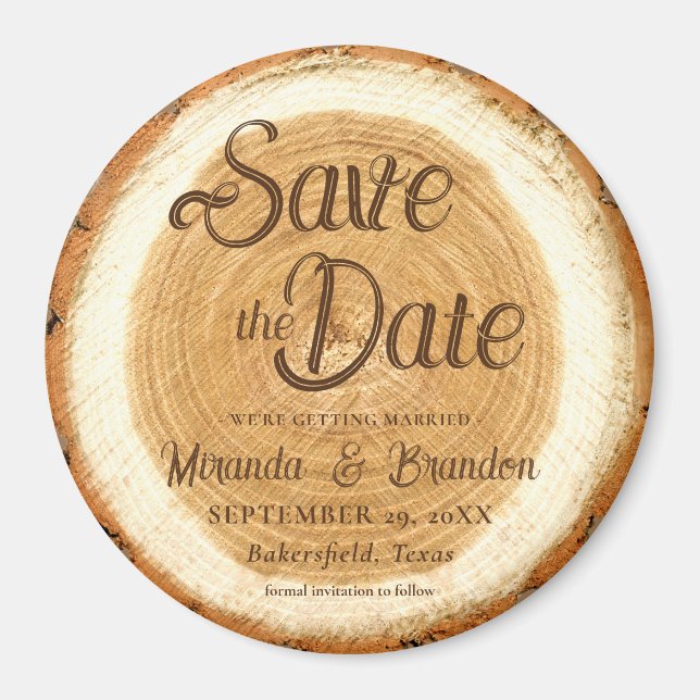 Rustic Wood Slice Wedding Save the Date Magnet (Front)