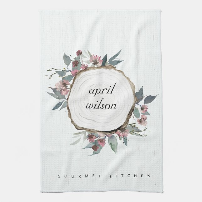 RUSTIC WOOD SLICE WILD PINK FLORAL EUCALYPTUS TEA TOWEL (Vertical)