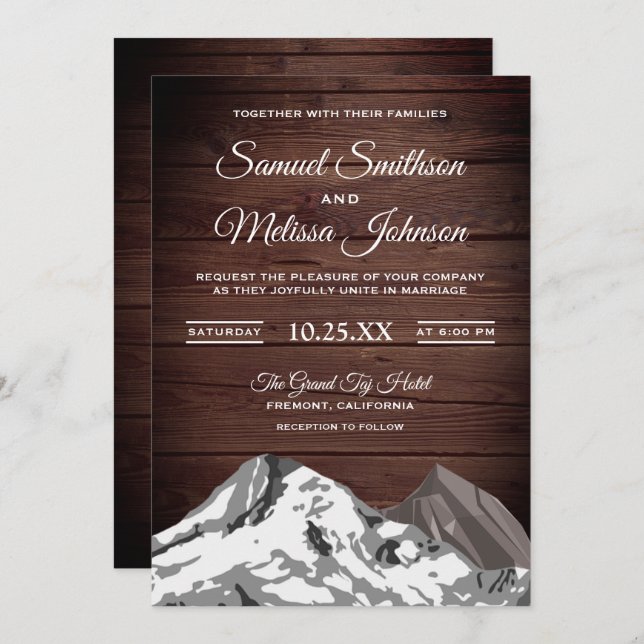 Rustic Wood Snow Capped Mountains Wedding Invite (Front/Back)