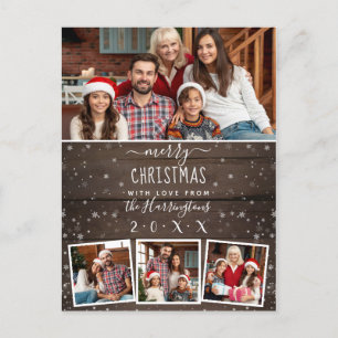 Rustic Wood & Snow Family 4 Photo Merry Christmas Holiday Postcard