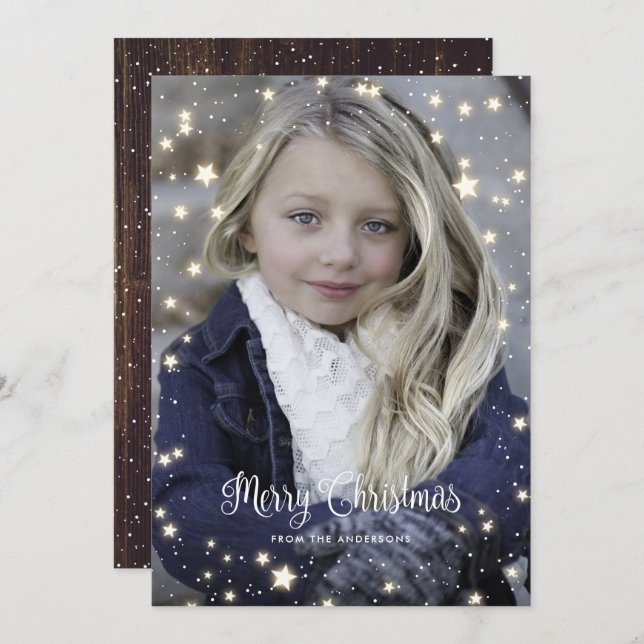 Rustic Wood Snow Stars Photo Christmas Cards (Front/Back)