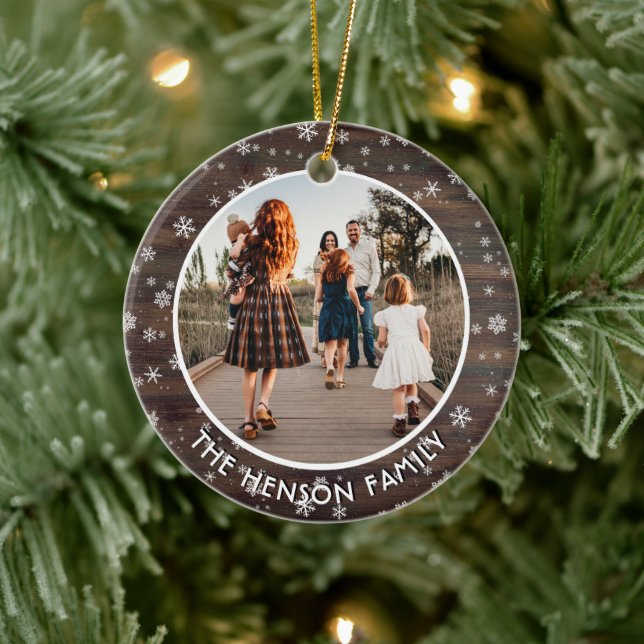 Rustic Wood Snowflake Christmas Family Photo Ceramic Ornament (Tree)