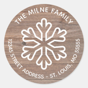 Rustic Wood Snowflake - Circle Return Address Classic Round Sticker