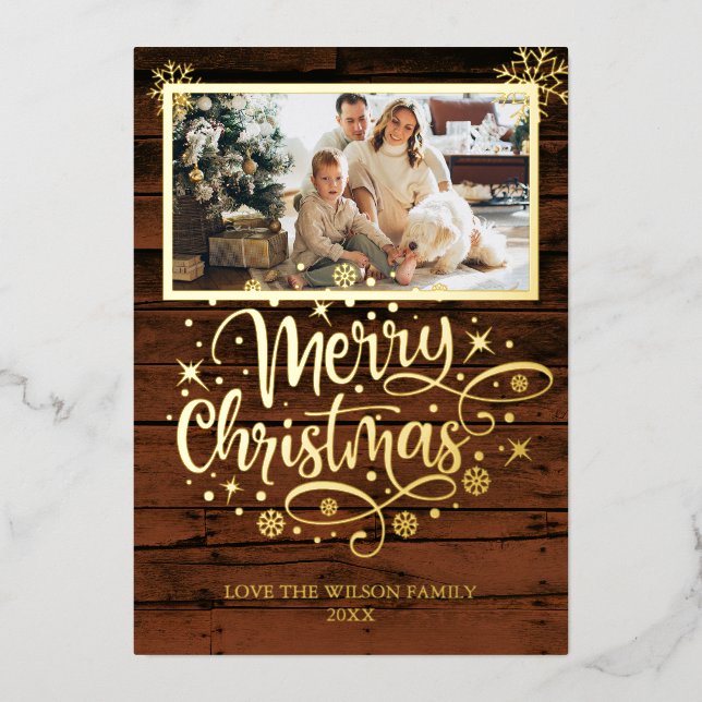 Rustic Wood Snowflake Merry Christmas Photo Foil Holiday Card (Front)