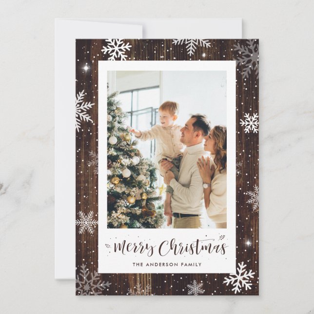 Rustic Wood Snowflake Photo Christmas Cards (Front)