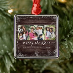 Rustic Wood Snowflake Photo Merry Christmas Metal Ornament