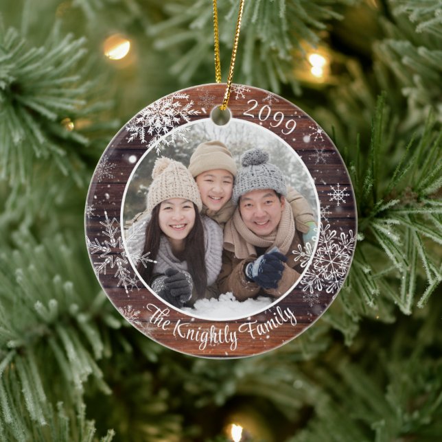 Rustic Wood Snowflake Photo Personalised Ceramic Ornament (Tree)