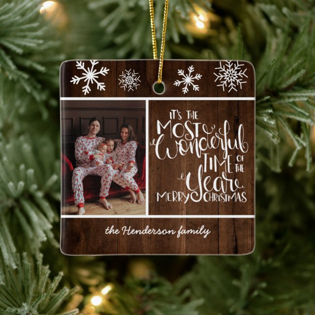 Rustic Wood Snowflake Wonderful Time Ceramic Ornament (Tree)