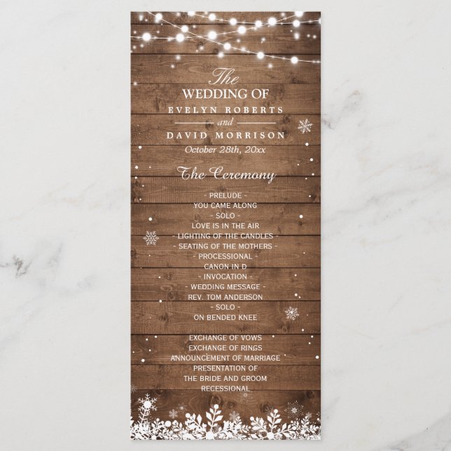 Rustic Wood Snowflakes Winter Wedding Program (Front)