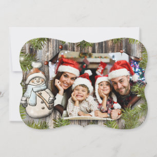 Rustic Wood Snowman Frame Fancy Cut Photo Holiday Card
