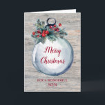 Rustic Wood Son Merry Christmas Card<br><div class="desc">Merry Christmas for son card with rustic country chalkboard wood pattern and watercolor christmas ornament with winter foliage and holly.</div>