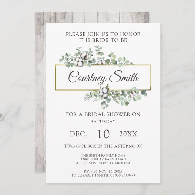 Rustic Wood Southern Cotton Boll Bridal Shower Invitation (Front/Back)
