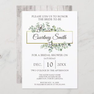 Rustic Wood Southern Cotton Boll Bridal Shower Invitation