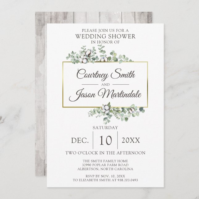 Rustic Wood Southern Cotton Boll Wedding Shower Invitation (Front/Back)