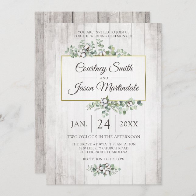 Rustic Wood Southern Cotton Botanical Wedding Invitation (Front/Back)