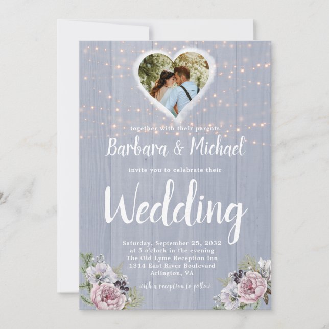 Rustic Wood Sparkle Lights Photo Floral Wedding  Invitation (Front)