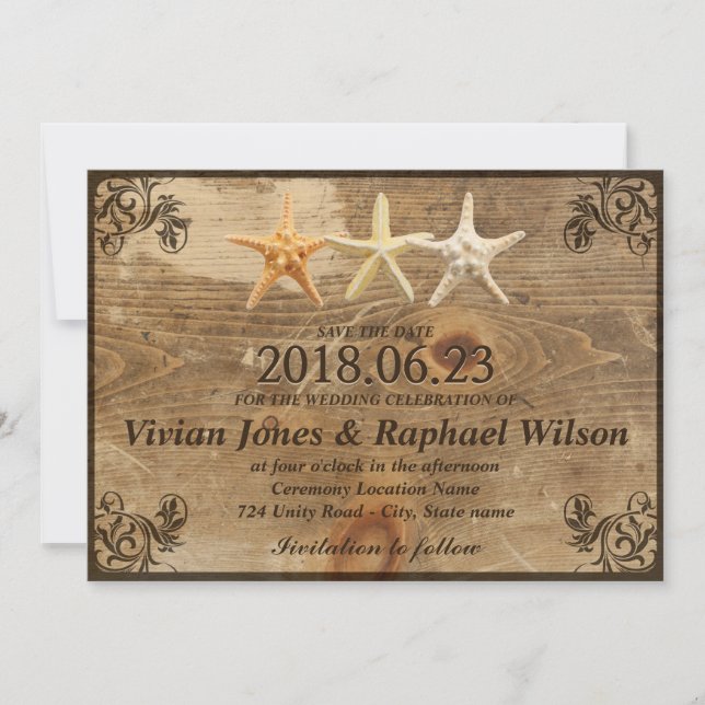 Rustic Wood & Starfish Beach Wedding Save The Date (Front)