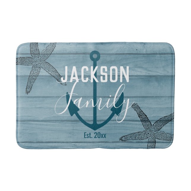 Rustic Wood Starfish Custom Family Beach House Bath Mat (Front)