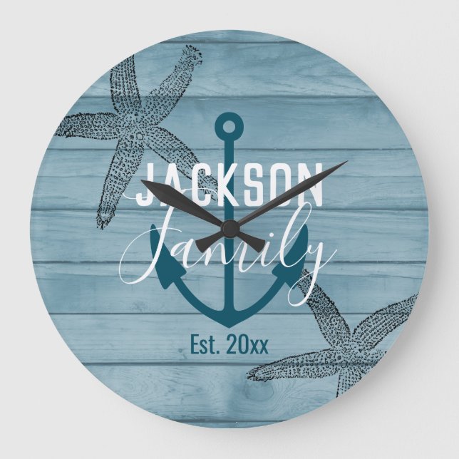 Rustic Wood Starfish Custom Family Beach House Large Clock (Front)