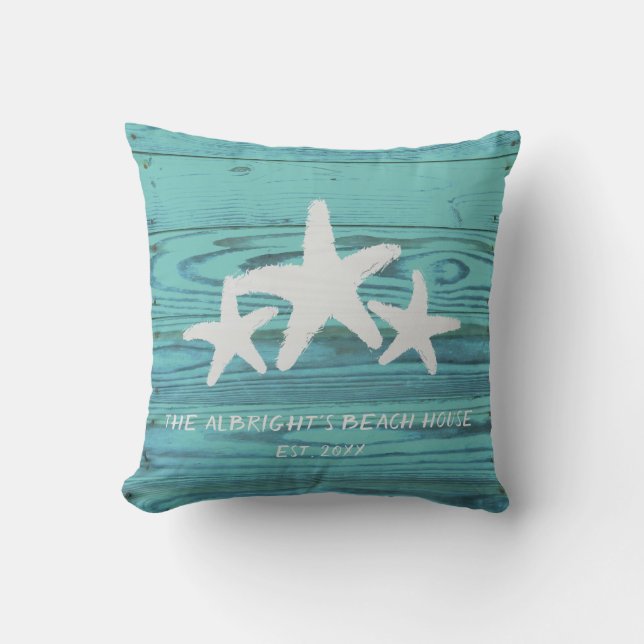 Rustic Wood Starfish Limpet Shell Blue Cushion (Front)