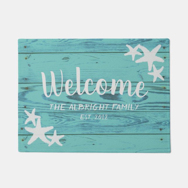 Rustic Wood Starfish Limpet Shell Blue Doormat (Front)
