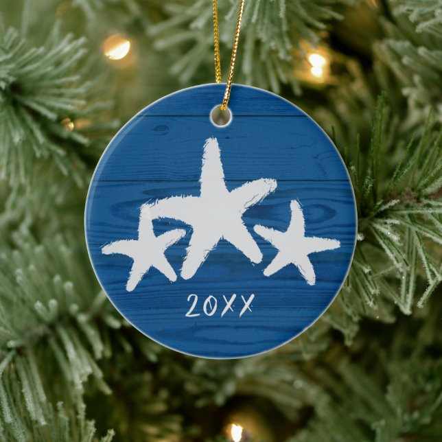 Rustic Wood Starfish Turkish Sea Blue Ceramic Ornament (Tree)