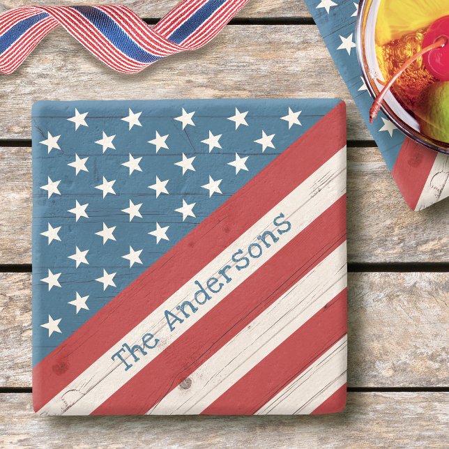 Rustic Wood Stars Stripes USA Flag Name Patriotic Stone Coaster (Creator Uploaded)