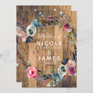 Rustic Wood Stick Floral Wreath Botanical Wedding Invitation