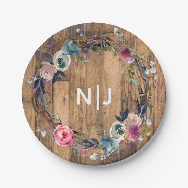 Rustic Wood Stick Floral Wreath Botanical Wedding Paper Plate (Front)