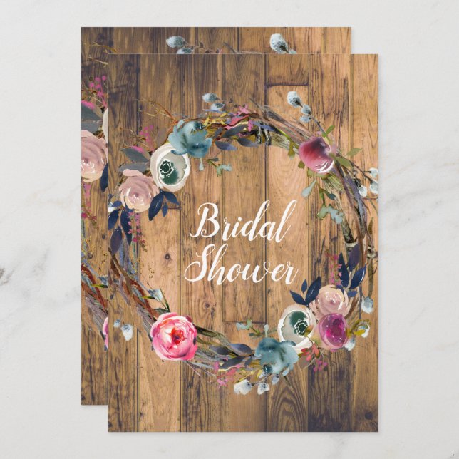 Rustic Wood Stick Floral Wreath Bridal Shower Invitation (Front/Back)