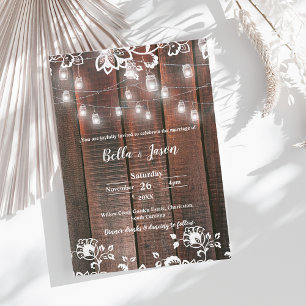 Rustic Wood String Light Barn Lace Country Wedding Invitation