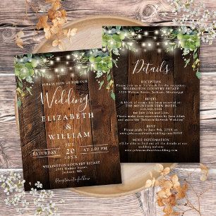 Rustic Wood String Light Greenery Details Wedding  Invitation