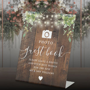 Rustic Wood String Light Greenery Photo Guest Book Pedestal Sign