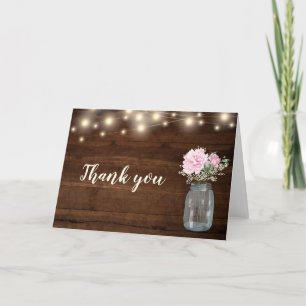 Rustic Wood String Light Mason Jar Floral Thank You Card