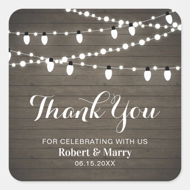 Rustic Wood & String Light Party Thank you Sticker (Front)