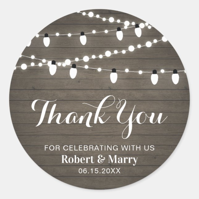 Rustic Wood & String Light Party Thank you Sticker (Front)
