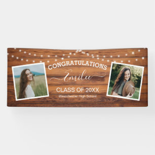 Rustic Wood String Light Photo Graduation Banner