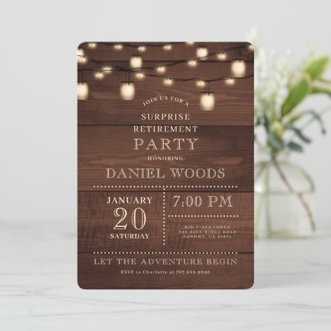 Rustic Wood String Light Surprise Retirement Party Invitation (Standing Front)
